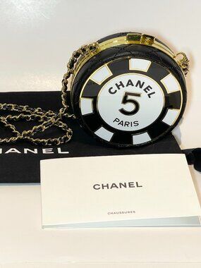 Authentic Chanel Poker Chip Minaudière X-Body Clutch/Black Lambskin & Enamel